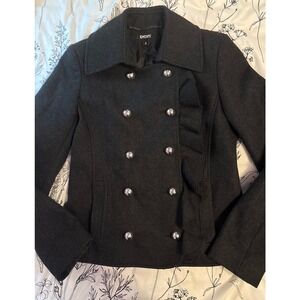 DKNY Charcoal Grey Double Breasted Ruffled Wool Fitted Peacoat,‎ Size 4